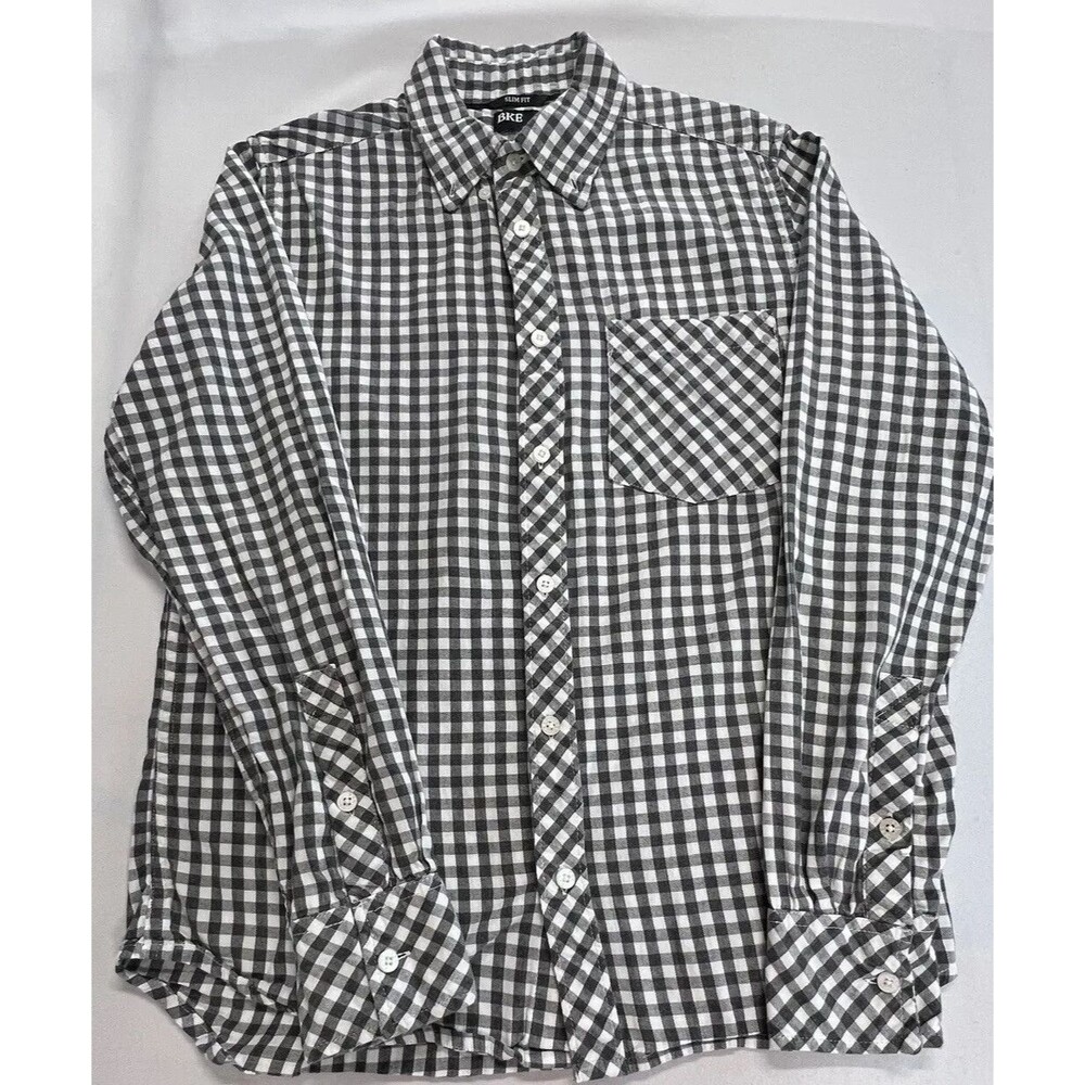 BKE Mens Small Black White Plaid Slim Fit Long Sleeve Casual Button Down Shirt